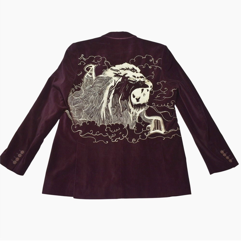 Artful Dodger Mens Velvet Blazer Purple Lion Embroidery Monogram Jacket XL